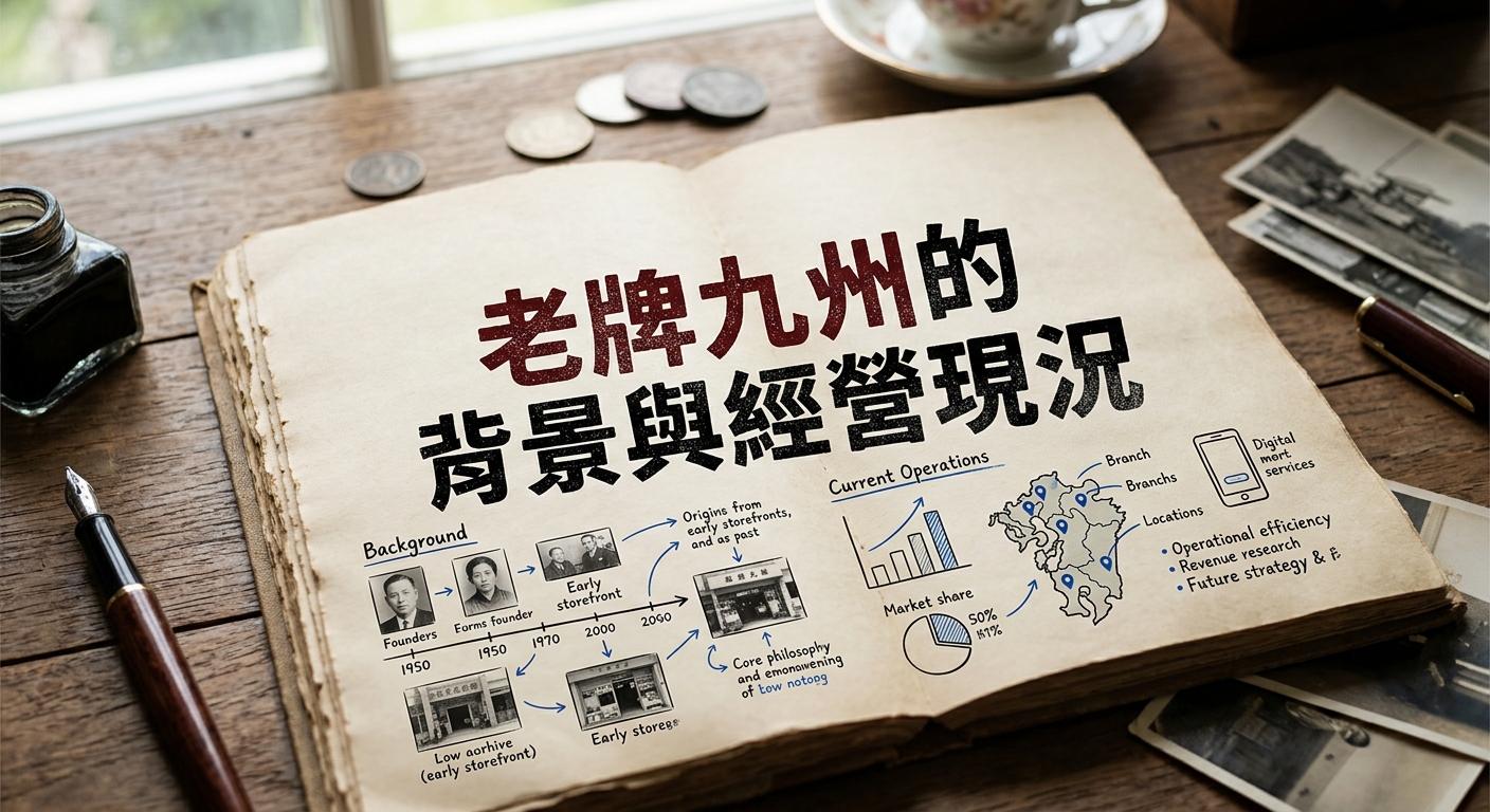 這張圖片展示了一本開啓的老舊記事本，上面用繁體中文大字寫著標題「老牌九州的背景與經營現況」。 頁面上繪有精美的手繪圖表與歷史照片，呈現出歷史背景沿革與當前營運數據交織的復古風格。