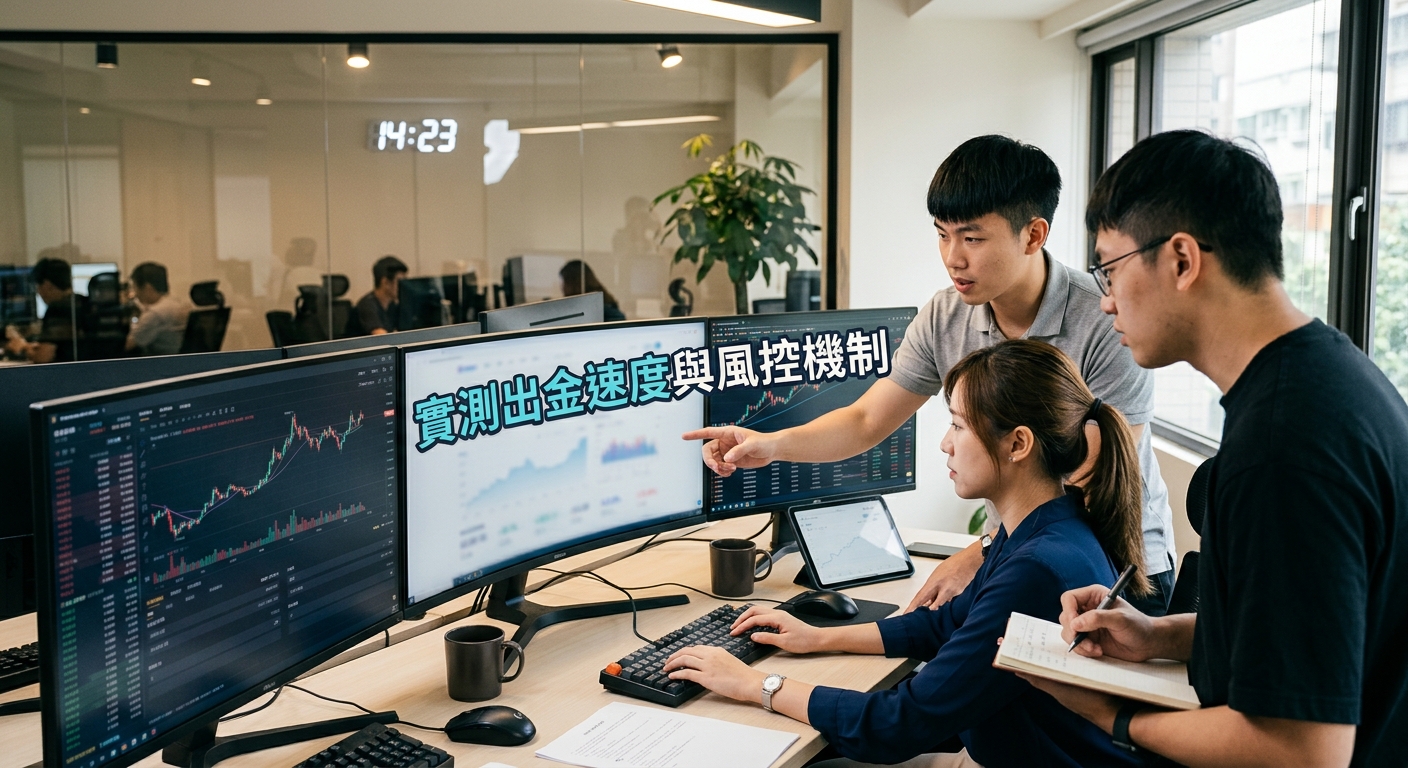 這張圖片展現了一個專業的金融交易與風控辦公室場景，團隊成員正專注地分析螢幕上的多個數據圖表。 畫面的主要焦點是螢幕上清晰顯示的標題「實測出金速度與風控機制」，凸顯出嚴謹且高效的測試過程。
